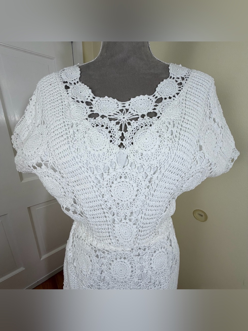 Vintage 70s White Hand Crochet Dress M Midi Cotton Sundress Prairie Boho Bridal - Picture 4 of 16